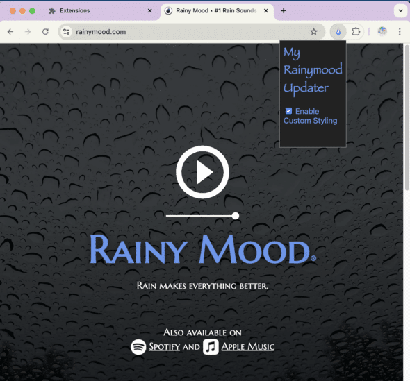 A Chrome browser with the extension's popup visible, the checkbox checked and the updated CSS on the rainymood.com site